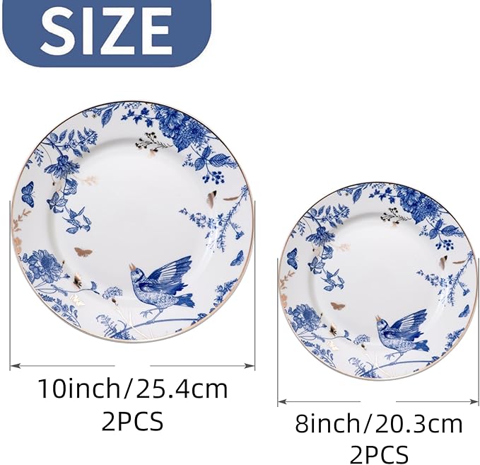 Porcelain Dinner Plates 4 Pieces, Floral Plates 8 Inch & 10 Inch Ceramic Dessert Plate Blue and White Floral Dinnerware Set Salad Plate Set for Kitchen Dishes for Appetizer, Salad, Steak, Pancakes