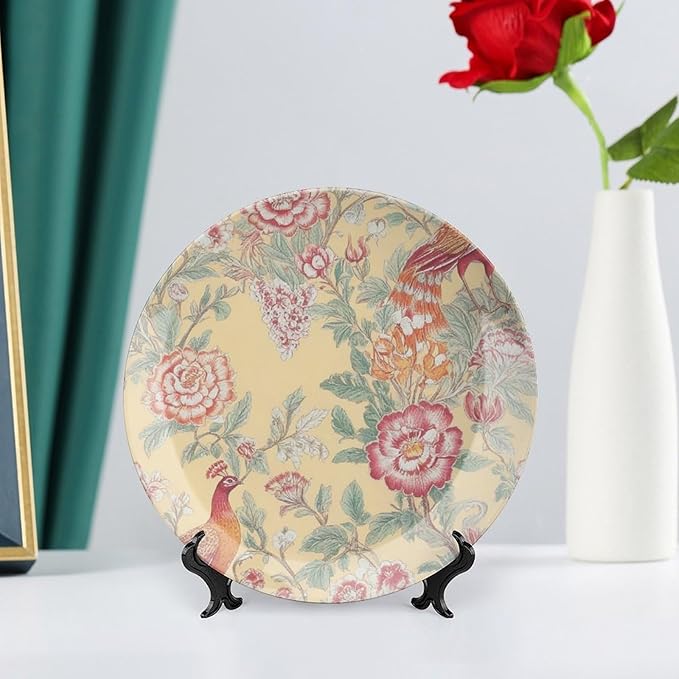 Garden Inspired Chinoiserie Birds Flowers Plates Ceramic of 6", 7", 8", 10", Custom Christmas Design Porcelain Dessert Plate Set Gifts Kitchen Display Decorations Table, Unique Art with Stand