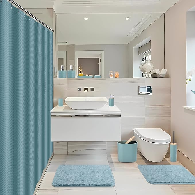 Bathroom Set - Light Blue Bathroom Accessories Set, Bathroom Sets with Shower Curtain and Rugs, 25PC Shower Curtain Set with Hooks, Soap Dispenser, Soap Dish, Toilet Brush Holder and Trash Can