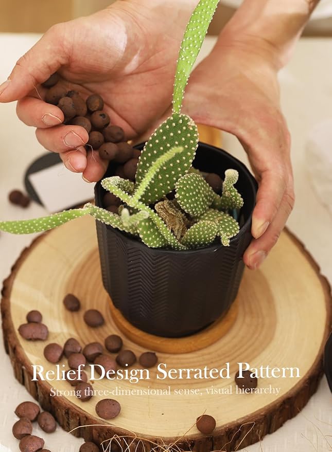OMAYKEY 4.5 Inch Plant Pots with Saucer, Ceramic Black Planters Pots with Drainage Hole and Mesh Pads for Succulent, Cactus, Herbs - 4 Packs(Plant Not Included)