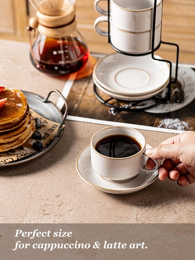 Gomakren 6 Ounce Cappuccino Cups with Saucers and Metal Stand, Stackable Coffee Cup Set of 4, Valentine Porcelain Espresso Cups for Coffee Drinks, Cappuccino, Latte, Americano, Tea, White
