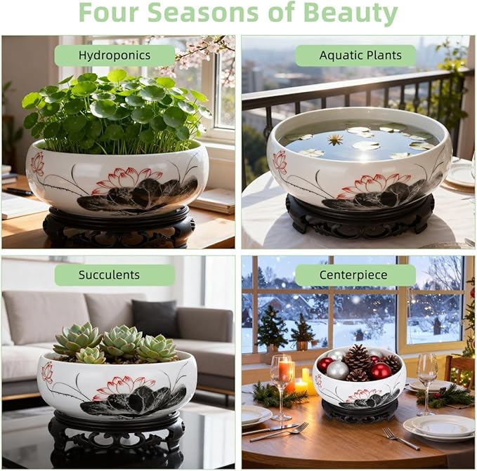 Hemoton Lotus Bowl Planter with Base, Ceramic Water Plant Pot, Indoor Bonsai Bowl Lotus Flower, Hydroponic Planter for Water Lily, Aquatic Plants, Lilies, and Succulents, Glazed Vase for Lotus Seeds