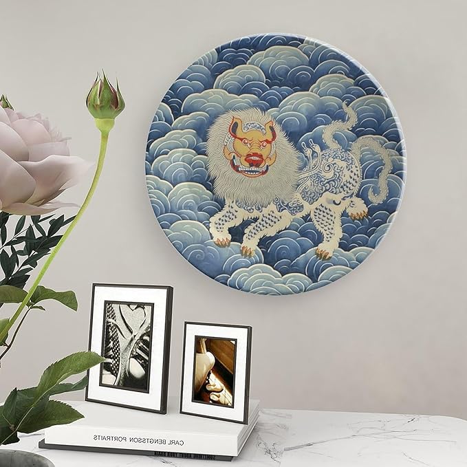 Blue Tibet Tiger Plates Ceramic, Custom Wall Hanging Decorative Plate for Festival Wedding Farmhouse Decor, 1 Plate with 1 Display Stand Art Decorations for Wall Office