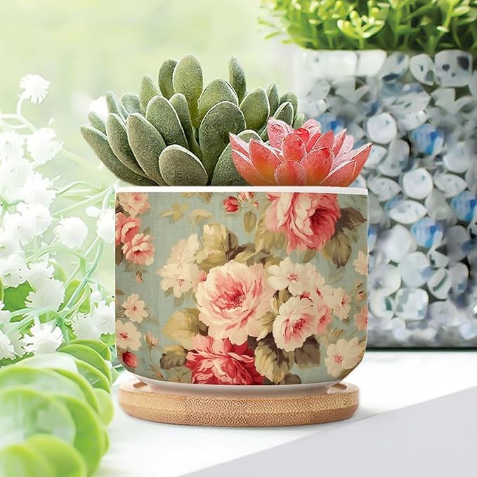 Set of 1 Cottage Chic Antique Pink Flower Small Succulents Pots Pink Cabbage Roses Romantic Ceramics Plant Pot with Drainage Bamboo Trays Oriental Chinoiserie Ceramics Round Planter
