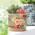 Set of 3 Cottage Chic Antique Pink Flower Small Succulents Pots Pink Cabbage Roses Romantic Ceramics Plant Pot with Drainage Bamboo Trays Oriental Chinoiserie Ceramics Round Planter
