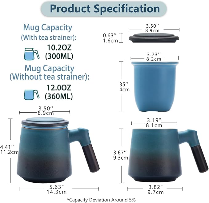 ZENS Tea Cup with Infuser and Lid for Loose Leaf Tea Steeper, 12oz Gradient Blue Tea Mug with Fine Strainers, Wood Handle Tea Mugs for Hot Diffusers Accessories for Tea Lovers Gifts