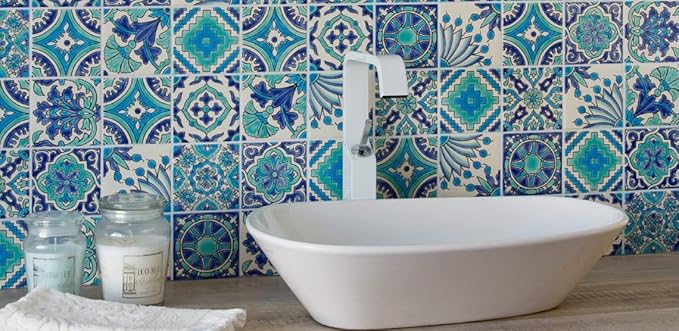 DŸARI Decorative Ceramic Tiles – Hand Painted Indoor & Outdoor Floor Tiles – Spanish Artisan Tile Top Kitchen – Mediterranean Decorative Tiles 4” × 4” – Durable Colorful Floor Tiles – 140 g (Eau V 7)