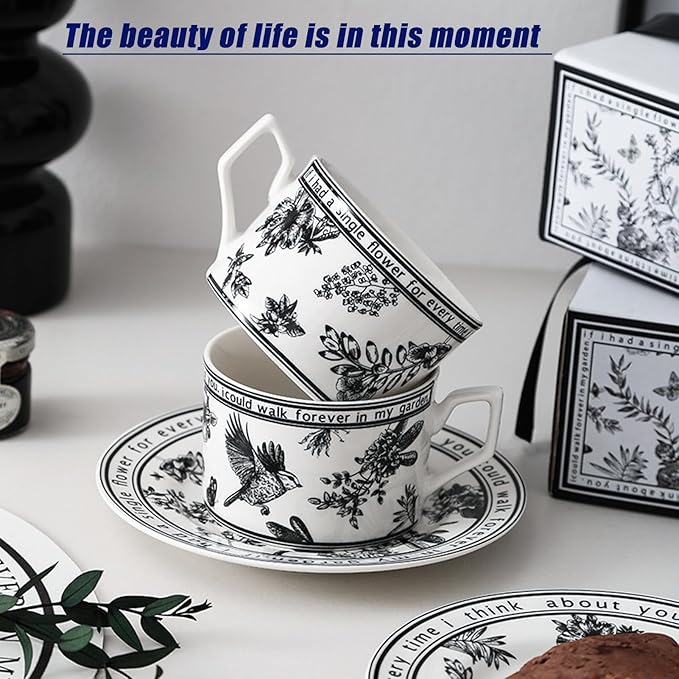 Ceramic Coffee Cup and Saucer Set - Vintage Floral Design, Perfect for Espresso, Tea, or Coffee Lovers - Gift Boxed for Home, Office, or Special Occasions (6.8oz)