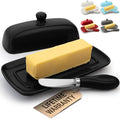 Zulay Kitchen Butter Dish With Lid For Countertop - Porcelain Black, Ceramic Butter Dish with Knob Handle Great for Cooking - Elegant Design Butter Holder - Durable & Sturdy Butter Keeper - Black