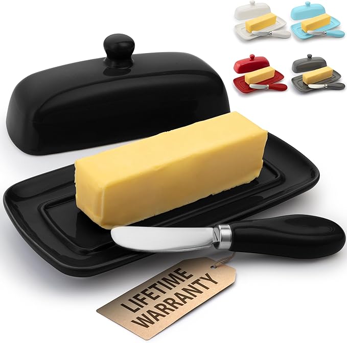 Zulay Kitchen Butter Dish With Lid For Countertop - Porcelain Black, Ceramic Butter Dish with Knob Handle Great for Cooking - Elegant Design Butter Holder - Durable & Sturdy Butter Keeper - Black