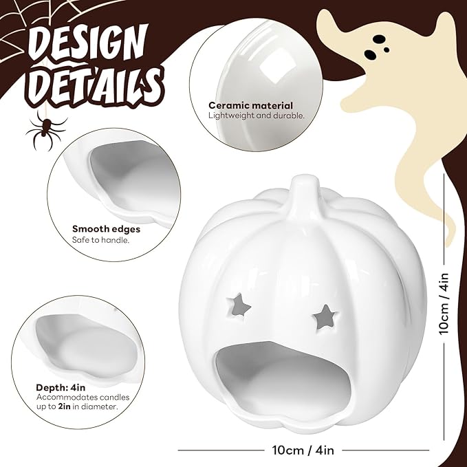 Halloween Pumpkin Stars Ceramic Candle Holder Cute White Pumpkin Designs Tealight Candlestick Table Centerpiece for Halloween Party Office Desk Decorative Candle Holder