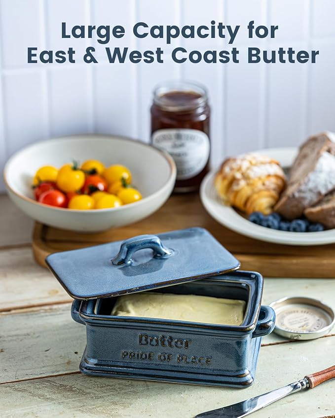 Butter Dish with Lid, Porcelain Butter Dish for Countertop Large Butter Keeper Butter Holder Container for East West Coast Butter, Farmhouse Decor for Mother's Day, Blue