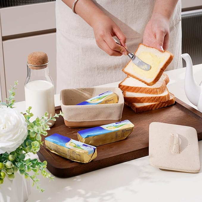 NUTRIUPS Ceramic Butter Dish with Lid for Countertop, Vintage European Butter Holder with Lid, Covered Butter Dish,Holds 1 Stick (Cheese Color, Uniform size)