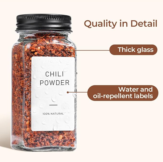 ComSaf 15Pcs 4oz Glass Spice Jars with Shaker Lids, 93 Labels, a Handy Funnel, a Pepper Grinder, Empty Spice Containers and Square Spice Bottles for Kitchen and Seasoning