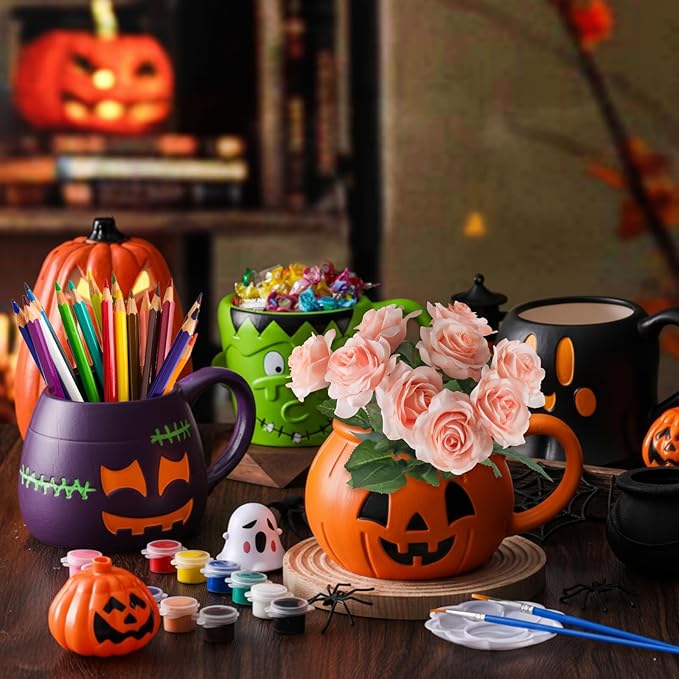 Zubebe 4 Sets Halloween Paint Your Own Mugs Craft Kit, Halloween Ceramic to Paint, Bat Face Green Monster Ghost Jack-o'-Lantern Pumpkin DIY Mugs, Festive Coffee Tea Cup with Paints, Brushes & Palette