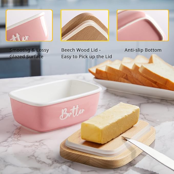 ALELION Pink Butter Dish with Lid for Countertop - Ceramic Farmhouse Butter Keeper Container with Thick Beech Wood Lid - Pink Kitchen Home Decor and Accessories for Kitchen Gifts