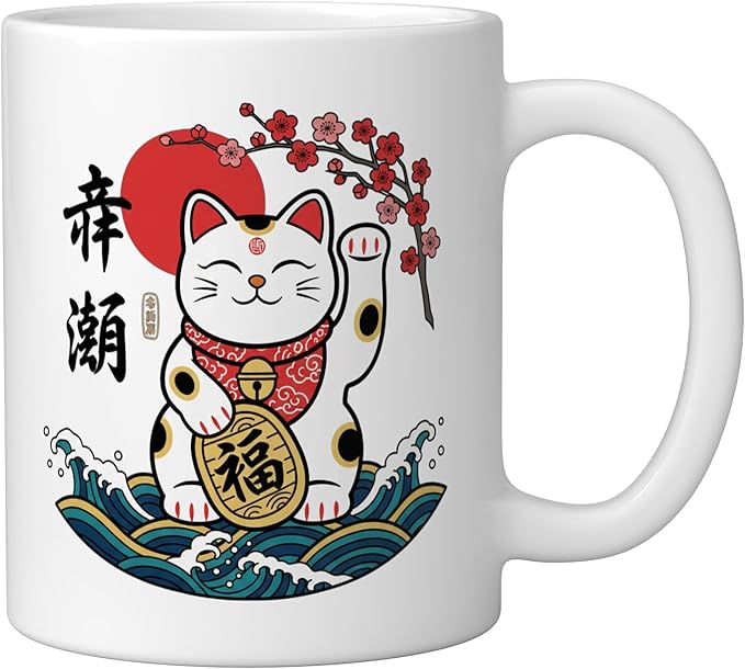 Cat Japanese Lucky Maneki Cat, Lucky Cat With & Bloss Ceramic Mug, White