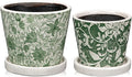 Set of 2 Ceramic Green Plant Pots with Drainage Hole and Saucers, Vintage Farmhouse Accent Planters for Indoor Plants, Round Flower Pots Rustic Succulent Cactus Pots Terracotta Tubs 5.7/4.7 Inch