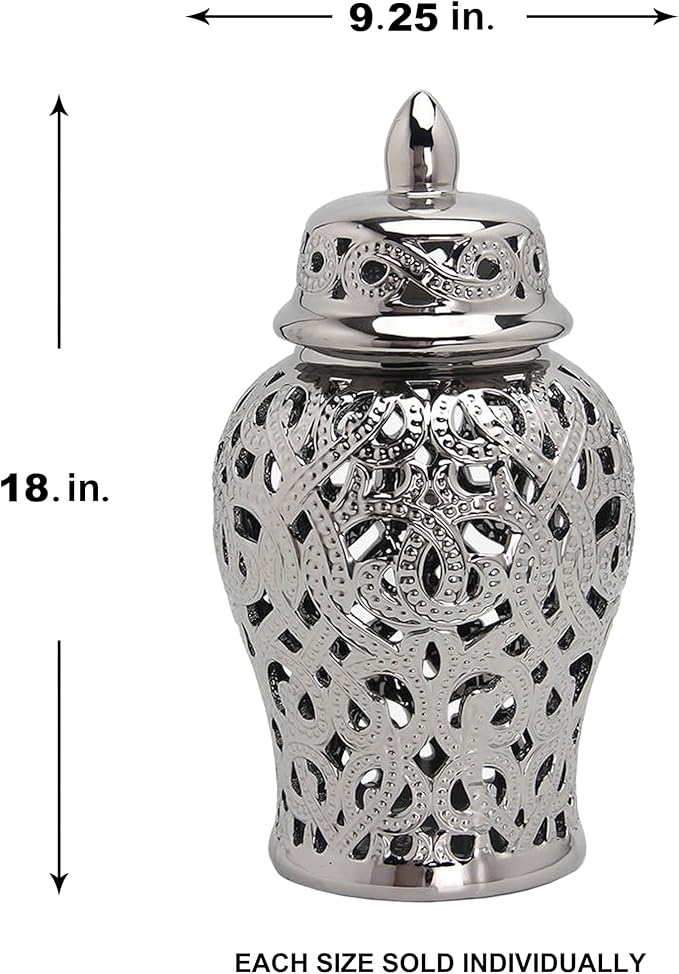 Noori Home - 100% Modern Glam Artisan Ceramic PARKER Medium Silver Ginger Jar Urns with Lid 9.25x9.25x18