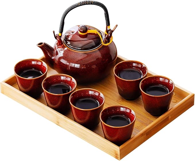 Japanese Tea Set for Adults, Porcelain Kung Fu Tea Set with 1 Teapot (23.5oz/700ml), 6 Tea Cups(4oz/120ml), Tea Tray & Stainless Infuser, Japanese Teapot Set Tea Gift Set (Kiln Altered Red)