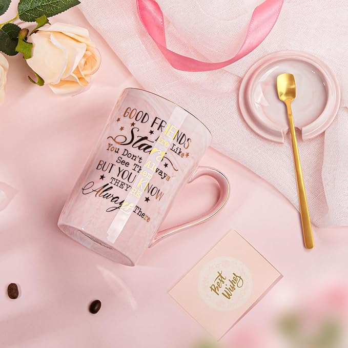 Best Friend Birthday Gifts for Women, Friendship Gifts for Women, Unique Birthday Valentines Day Gift Ideas for Her, Friends Female, Besties, BFF Ceramic Marble Coffee Mug Gift Box Printed Gold 14 oz