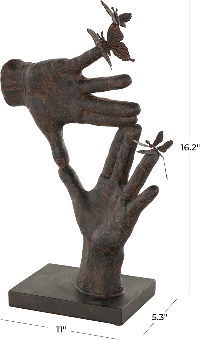 Deco 79 Polystone Hands Decorative Sculpture Sign Home Decor Statue with Butterrfly Accents, Accent Figurine 11" x 5" x 16", Dark Brown