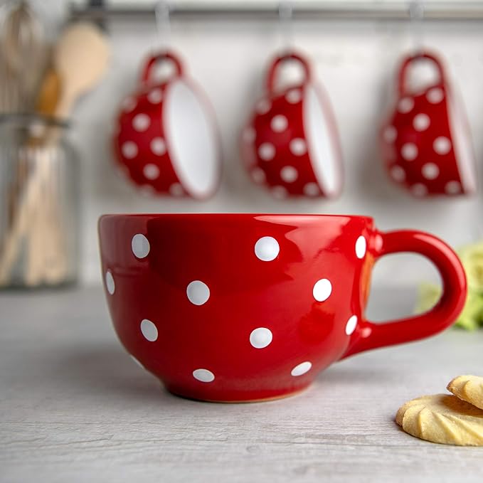 City to Cottage Handmade Ceramic Designer Red and White Polka Dot Cup, Unique Extra Large 17.5oz/500ml Pottery Cappuccino, Coffee, Tea, Soup Mug | Housewarming for Tea Lovers