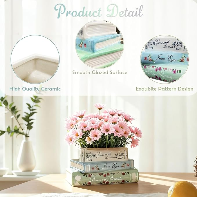 Book Planter, Bookshelf Decor Cute Plant Pots, Ceramic Planters with Drainage Hole, Books Shaped Flower Vases for Book Lovers Gifts, for Bedrooms, Living Rooms, Offices, Kitchens