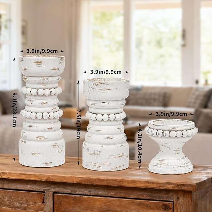 MODE HOME Rustic White Wood Candle Holders Set of 3, Farmhouse Beaded Wood Pillar Candle Holder, Candle Holders for Pillar Candles & Candlesticks, Candle Sticks Holder Decor for Table Centerpiece