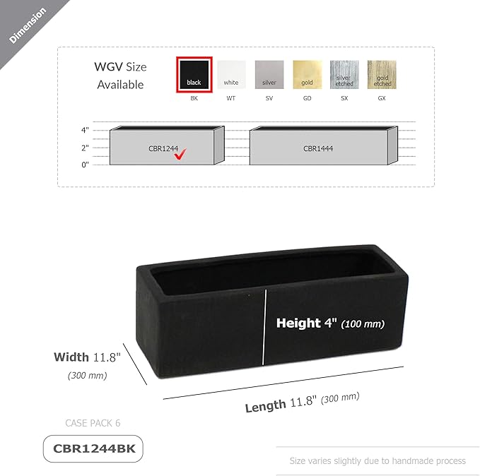 WGVI Long Rectangle Ceramic Planter Vase in Black 12" x 4" x 4"H, Block Rectangular Terrarium Box Pot, Flower Arrangement, Table top Centerpiece, Home Decor Organization Storage Container, 6 Pcs.