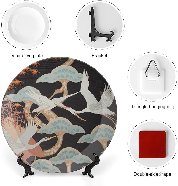 Japanese Crane Asian Oriental Birds China Plates, Custom Heron Floral Autumn Leaves Branch Ceramic Salad Plates, Housewarming Gifts Art Decoration Decorations Club, Unique Art with Stand