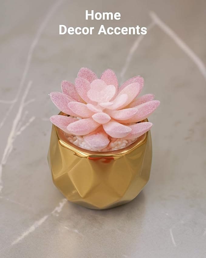VIVERIE Mini Succulents Plants Artificial in Pots-Pink with Golden Ceramic, Christmas Small Fake Succulents Plants for Home Decor Indoor for Women, Golden Ceramic Faux Succulents, Gifts for Mom