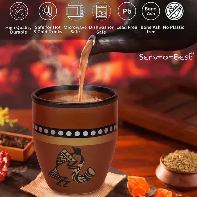 Handmade Cantaritos de Barro Ceramic Tea Cups Set – 6 Desi Kulhad Chai/Coffee (5 oz Capacity), Lead-Free, Dishwasher & Microwave Safe, Glazed, finish Clay Tea/kulhar/kullar - Brown Color