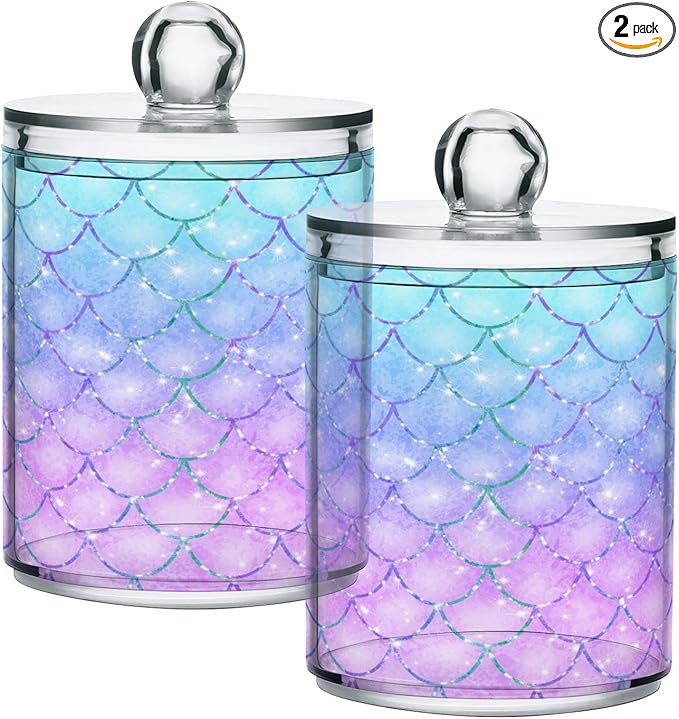 MNSRUU 2 Pack Qtip Holder Organizer Dispenser Pink Blue Mermaid Scales Bathroom Storage Canister Cotton Ball Holder Bathroom Containers for Cotton Swabs/Pads/Floss