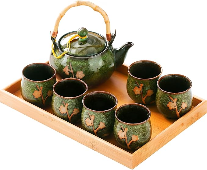 Traditional Japanese tea set, Kiln altered glaze Porcelain tea set with 1 Teapot, 6 Tea cups, 1 Tea Tray,Japanese teapot set, Asian tea sets (Kiln altered-Green)
