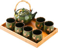 Traditional Japanese tea set, Kiln altered glaze Porcelain tea set with 1 Teapot, 6 Tea cups, 1 Tea Tray,Japanese teapot set, Asian tea sets (Kiln altered-Green)