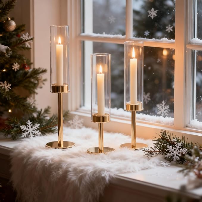 Gold Hurricane Candle Holders Set of 3, Tall Metal & Windproof Glass Taper Candle Holders, Brass Candlesticks Holder Decorations, Table Centerpieces for Weddings, Christmas, Parties, Fireplace Decor