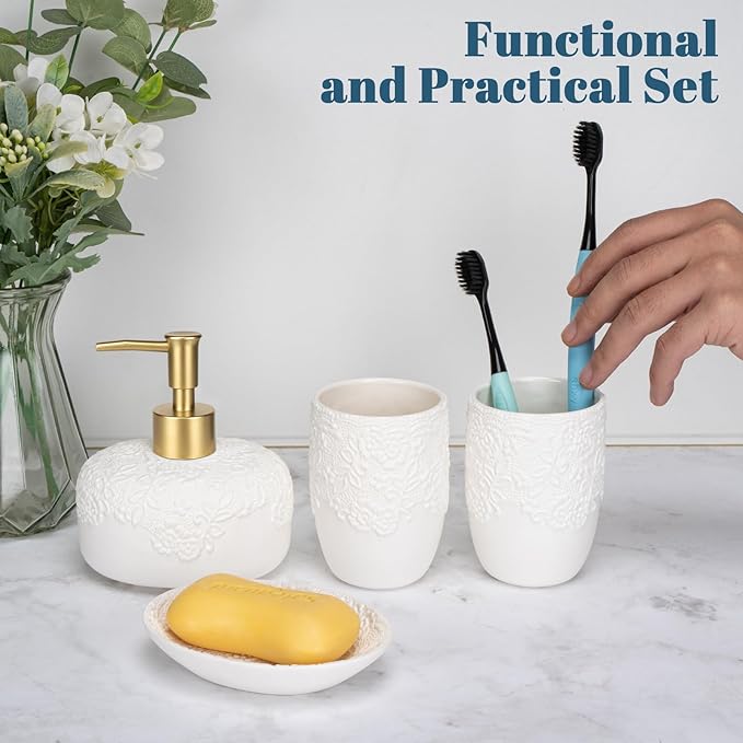 Bathroom Accessories Set, 4pcs Ceramic with Embossed Design Look Sets Bathroom Soap Dispenser with Rust-Proof Plastic Pump 13.5oz & 2Pcs Ceramic Cup, 1Pcs Soap Dish