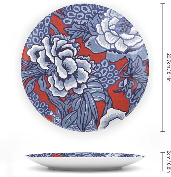 Red And Blue Chinoiserie Peony Floral Decorative Plate of 6", 7", 9", 10", Personalized Colorful Chinoiserie Flower Dinner Plates, Display Club Decorations Wedding, Including Bracket And Special Hook