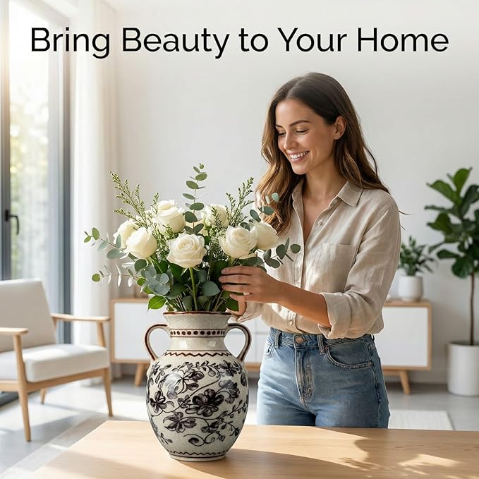 EFISPSS Ceramic Vintage Vase,Chinoiserie Rustic Farmhouse Floral Spring Decor for Home Decor Living Room Fireplace Office, Grey 8.4In