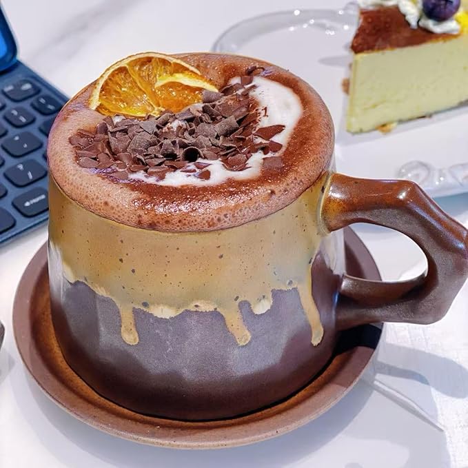 10oz Vintage Retro Handmade Ceramic Cappuccino Cup with Saucer –Small Rustic Stoneware tea cup and saucer, Lead-Free Latte Art Mug,Handmade mug with saucer set, Microwave safe, Brown