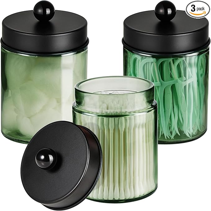 3 Pack Apothecary Jar Canisters Bathroom Vanity Organizer - Qtip Holder Storage Organizer Set Countertop Canister with Stainless Steel Lids &Cute Stickers for Qtips,Cotton Swabs,Makeup Sponges,Floss