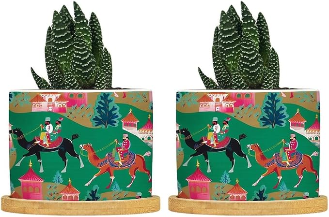 Bright Emerald Green Planters Ceramic Chinoiserie Decor Round Flower Pots with Drainage Holes and Bamboo Tray Pot for Succulents Cactus Garden Windowsill