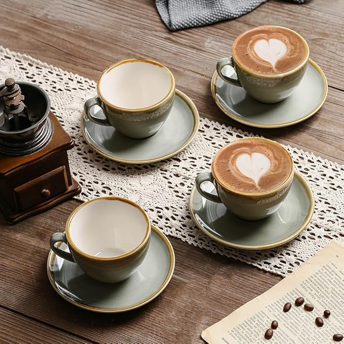 SHUER Ceramic Latte Coffee Cup Set of 4, 7.8 Oz Tea Cup and Saucers Sets,Glaze Americano Cups and Macchiato Coffee Cups,Low Tea Time Mug Set Great for Party (Light Cyan 220ML)