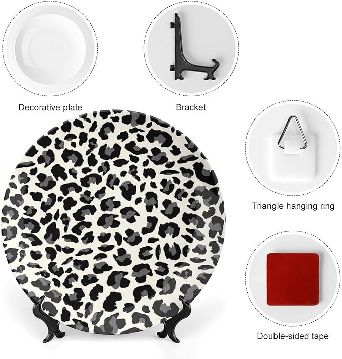 Plates Ceramic Leopard Animal Print Gray And Beige Customize Decor for Club Farmhouse Housewarming Gifts Home Blue And White Plates Unique Art with Stand, Multi Sizes by Choosing, Gifts for Men Women