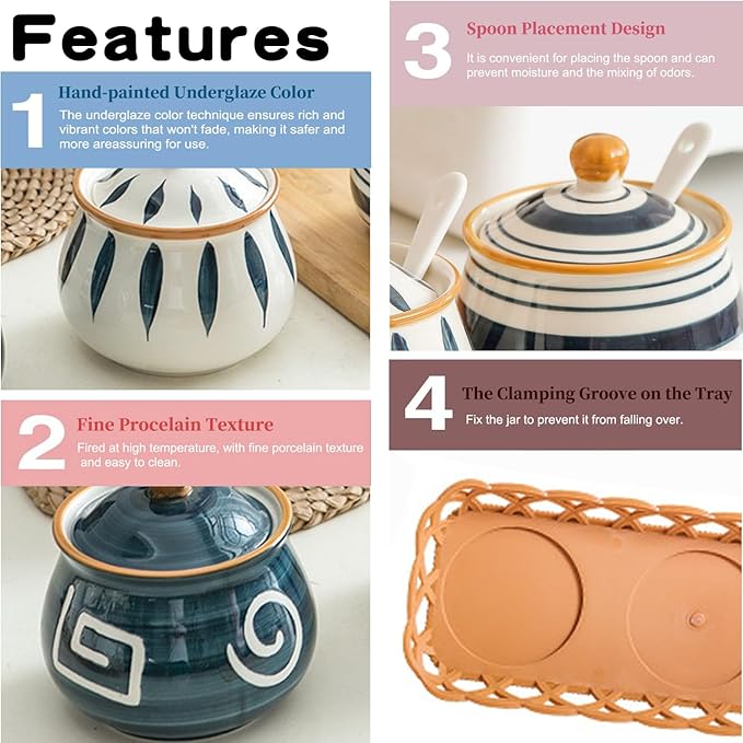 Kitchen Ceramic Condiment Jars with Lids and Spoons, 3 Piece Porcelain Seasoning Jar Set for Salt Spice Pepper Suger Bowl, Coffee Tea Container Pot with Serving Tray - Japanese Style