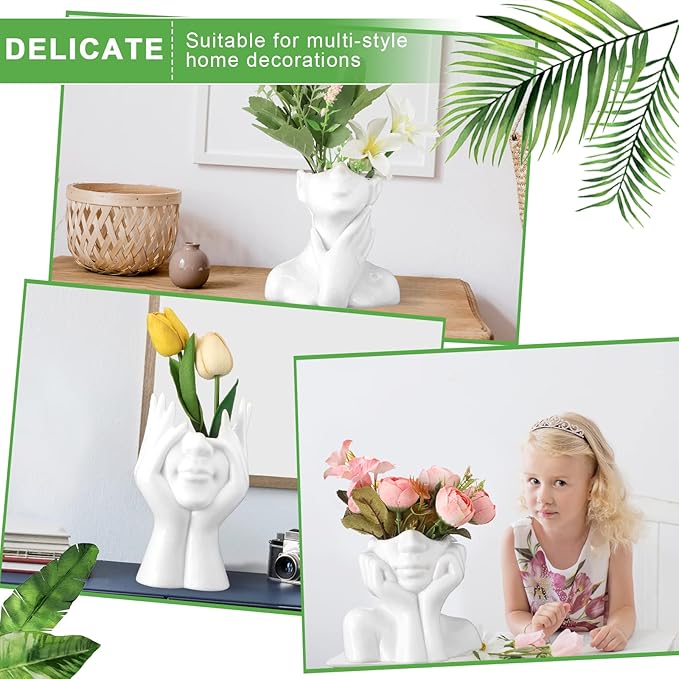 Sieral 3 Pcs Ceramic Face Vase Female Form Flower Modern Body Vase for Decor with Head Half Body Bust Centerpiece for Table Shelf Home Bedroom Room Office(Large,White)
