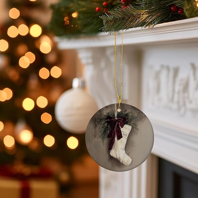 Vintage Christmas Stocking Ceramic Ornament Gifts, Rustic Moody Winter Christmas Decorative Hanging Ornaments for Xmas Tree Holiday Party Decoration, Santa Deer Xmas Tree Decorations