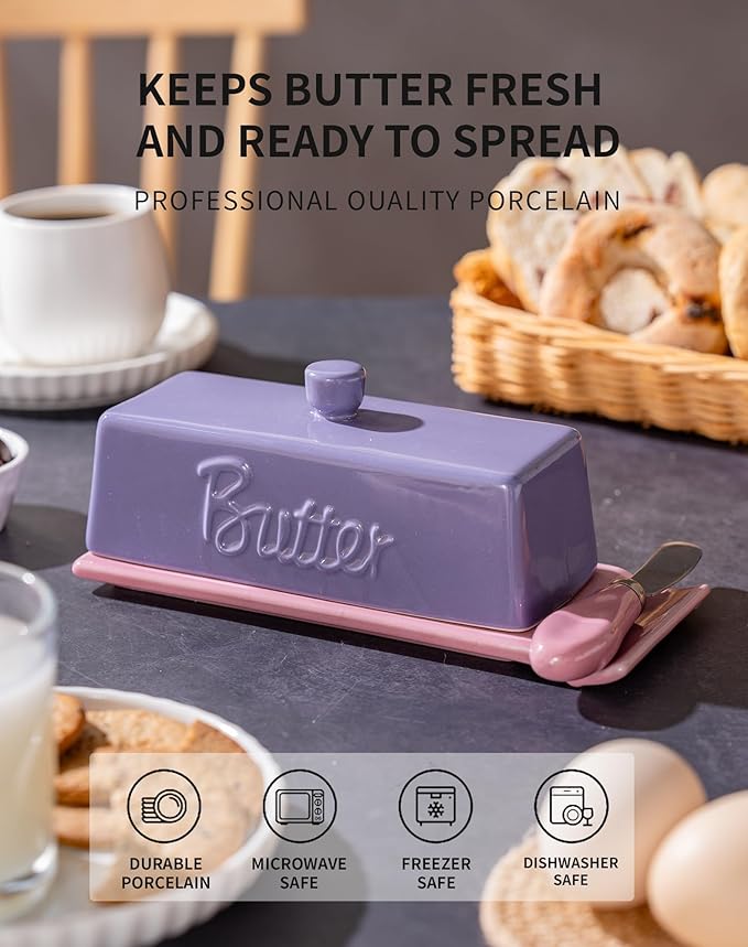 TEATALK Ceramic Butter Dish with Lid and Knife - Large Butter Holder, Farmhouse Style, 8-Inch Porcelain Butter Keeper with Scraper Edge, Purple & Pink