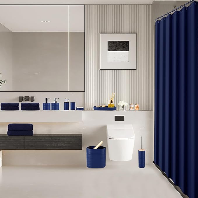 Navy Blue Bathroom Set, Bathroom Accessories Set with Shower Curtain, Bath Towel Set, Blue Shower Curtain Set with Bathroom Trash Can, Soap Dispenser, Soap Dish for Home Decor